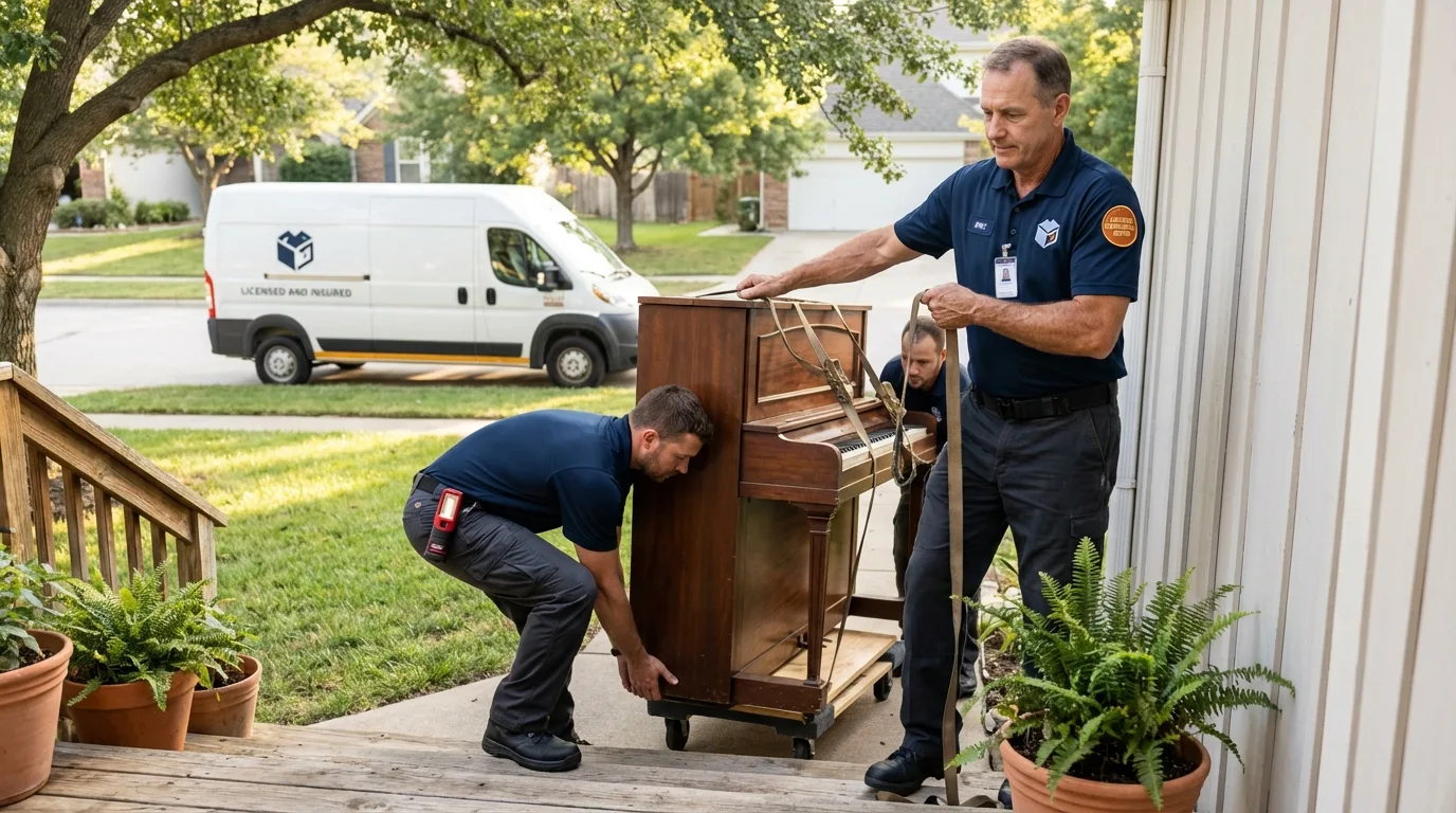 Licensed piano movers securing grand piano in Greensburg, KY
