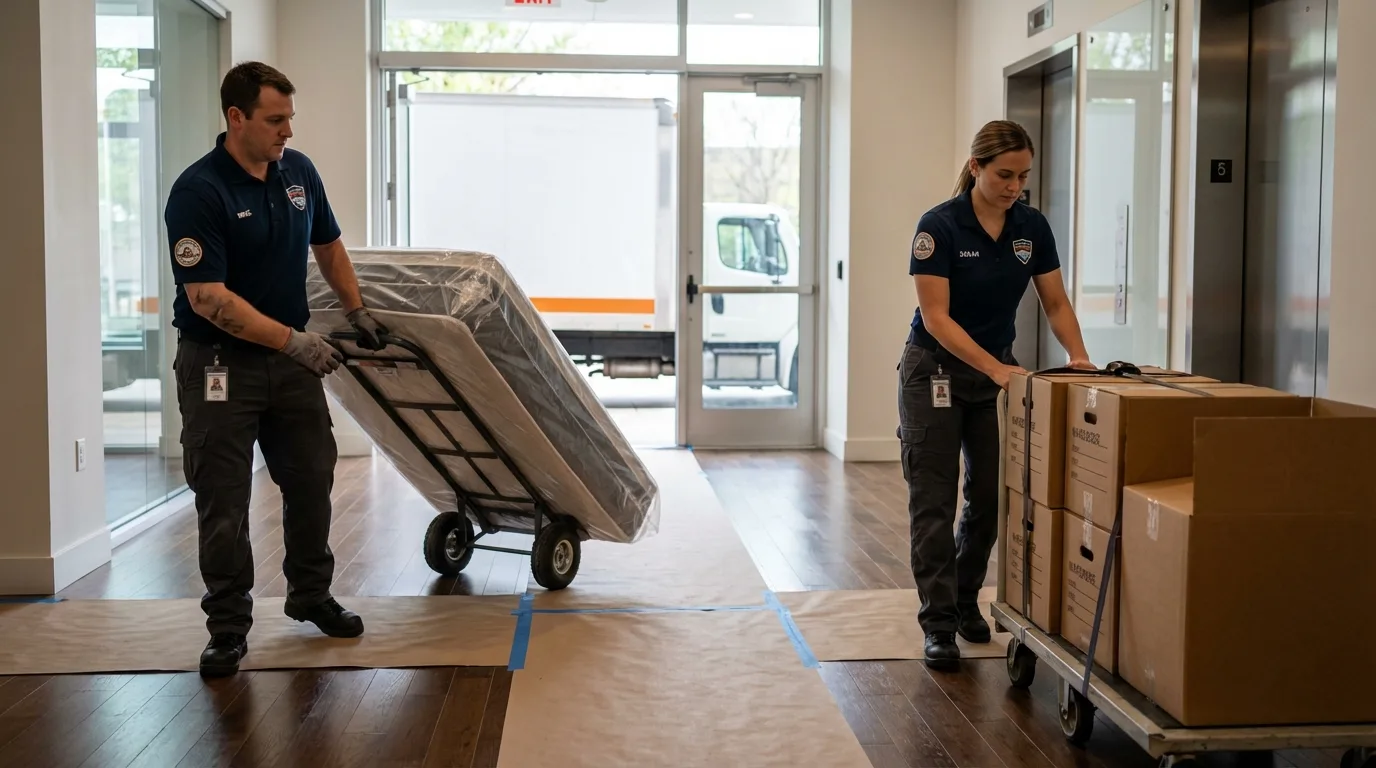 Professional apartment movers loading elevator in Greensburg, KY